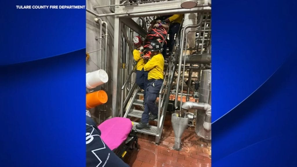 Man rescued after falling 20 feet at an industrial facility near Pixley, officials say