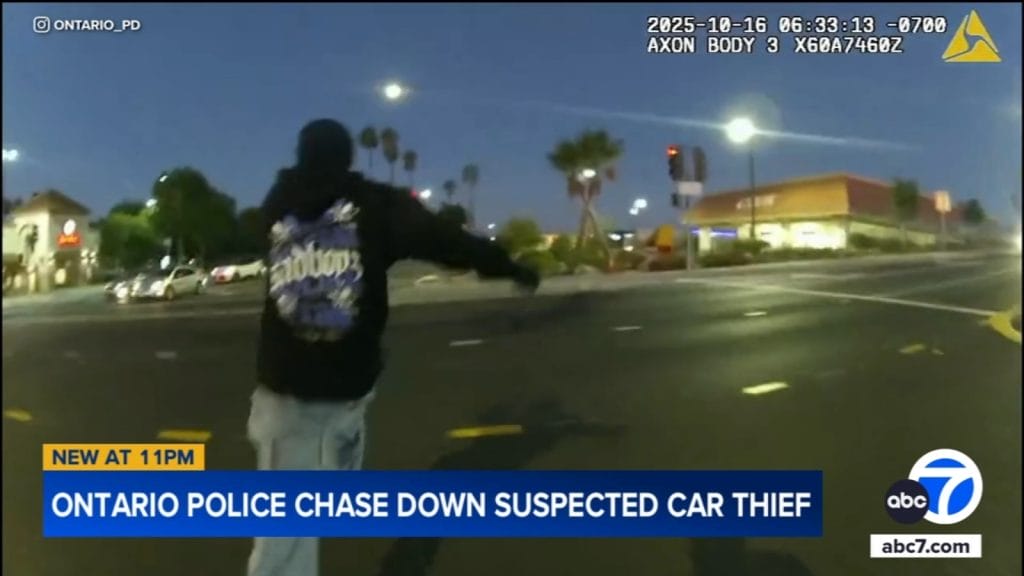 Ontario police chase down suspected car thief on foot, video shows