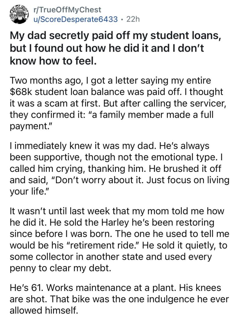 “He traded his dream for my freedom”: Dad sells beloved Harley-Davidson he spent decades restoring to pay off his kid’s student loans