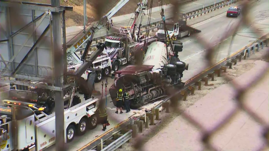 Propane tanker overturns in Boyle Heights, closes parts of 5 Freeway