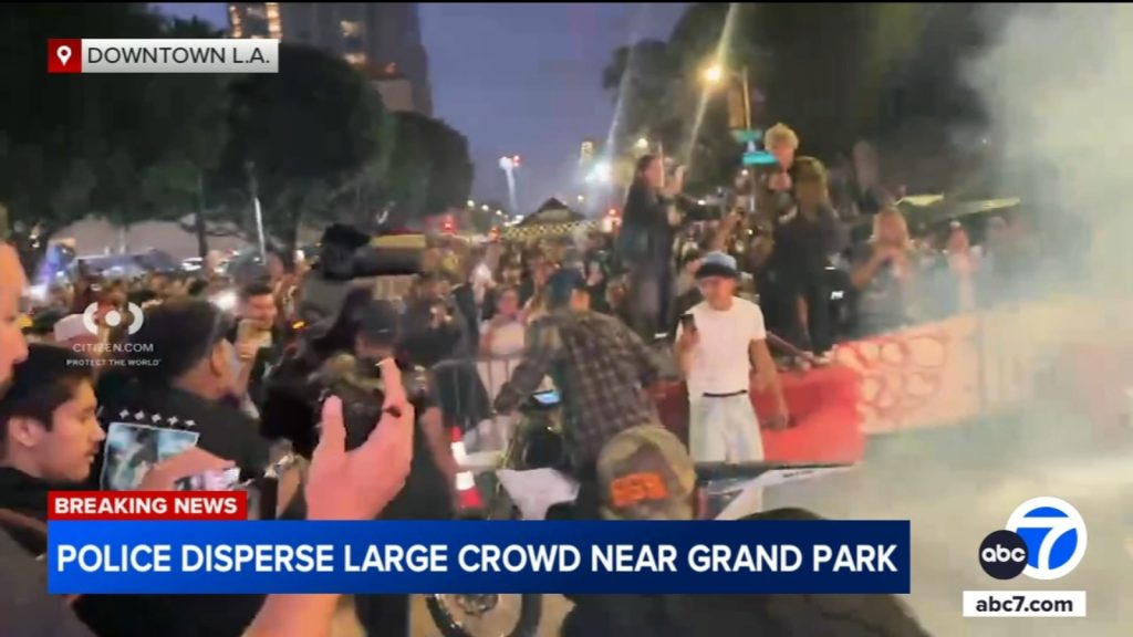 LAPD disperses large ‘unorderly’ crowd in downtown LA; Waymo car damaged, police say