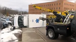 Ambulance crashes, overturns at Ohio hospital