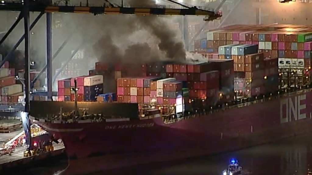 Firefighters battle blaze on container ship docked at LA port