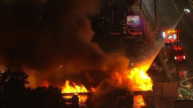 Massive two-alarm fire burning at vacant commercial building in east Houston