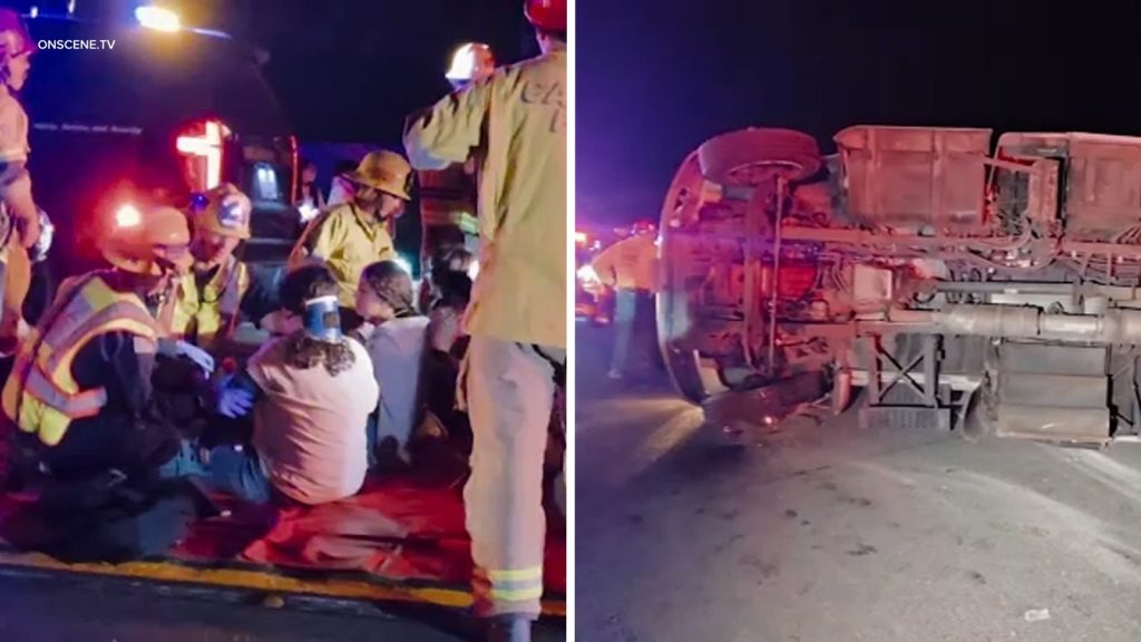 19 people, mostly juveniles, hurt after bus overturns on Inland Empire highway, officials say