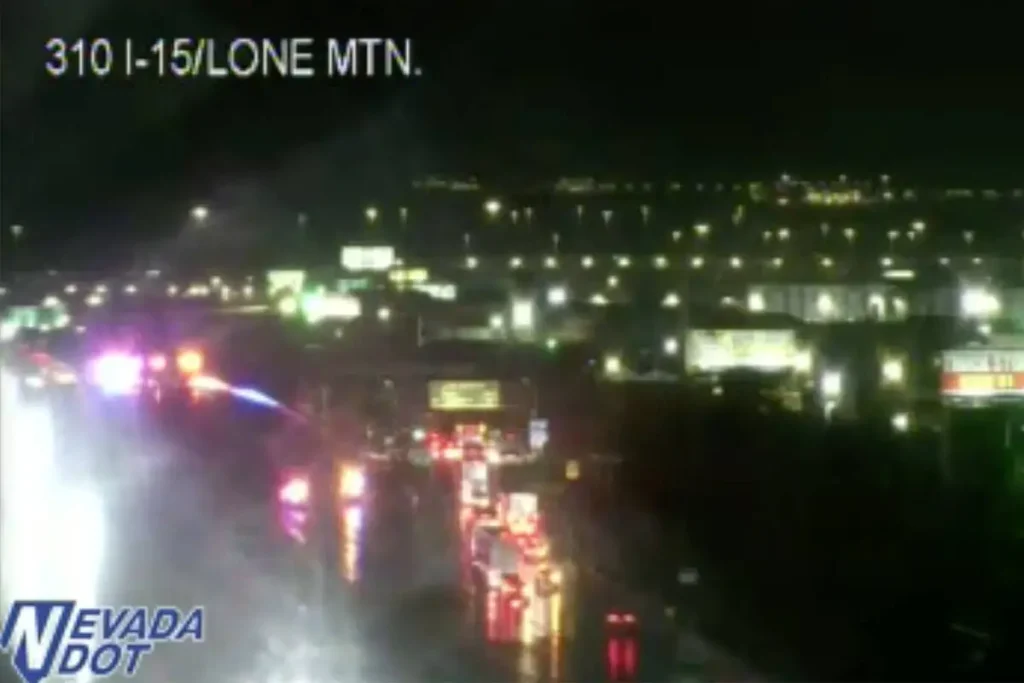 ‘Jackknifed semi’ leaking fuel closes I-15 near Lamb Road