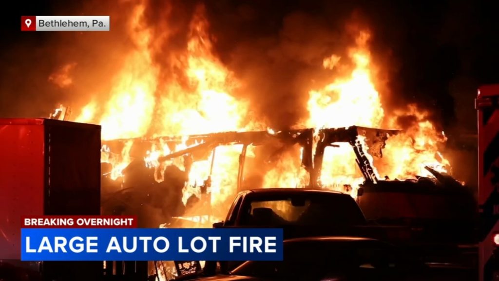 Hazmat crews called to scene of raging fire at auto lot in Bethlehem, Pennsylvania