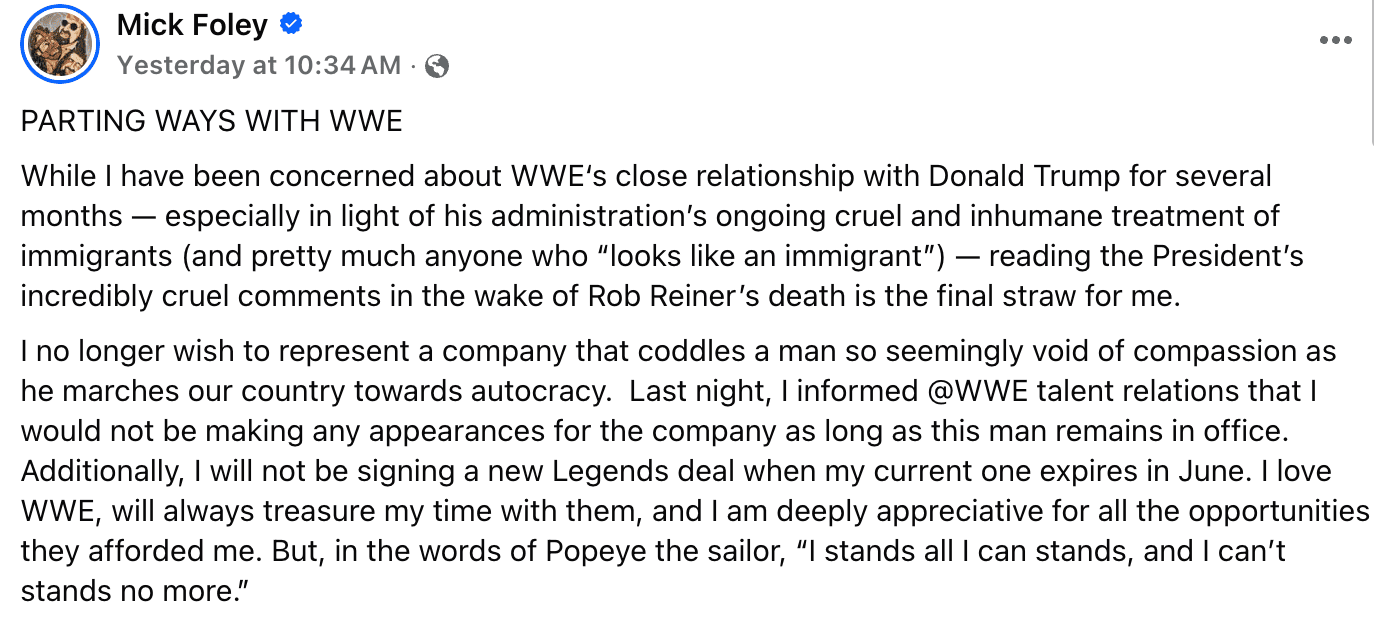 “Incredibly cruel”: Mick Foley parts ways with WWE after Trump’s comments about Rob Reiner