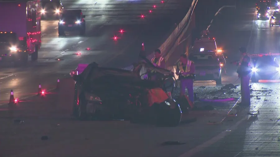 Driver dead after fiery overnight freeway crash in San Fernando Valley