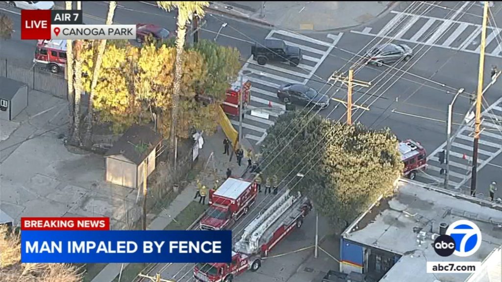 Worker fatally impaled by fence after falling from tree in Canoga Park, LAFD says
