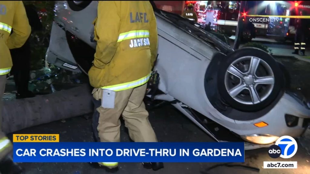 3 injured after car crashes, lands upside down at McDonald’s drive-thru in Gardena