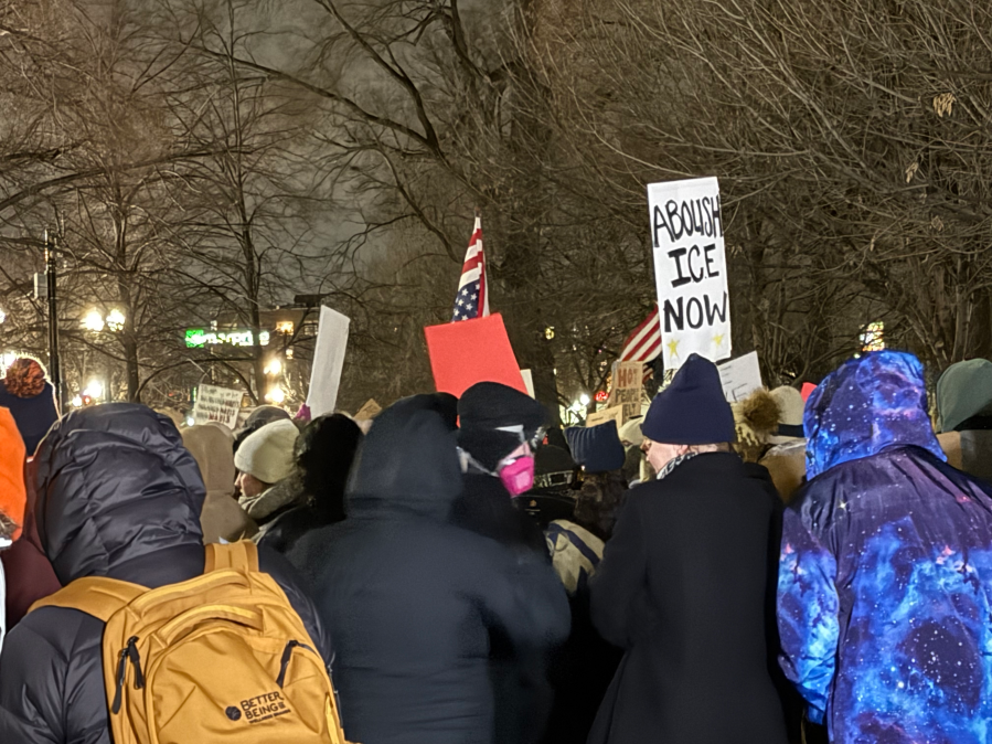 Protestors gather in Pioneer Park to rally against ICE after Minneapolis shooting