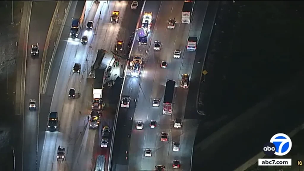 Semi-truck carrying corn crashes on 10 Fwy in San Bernardino