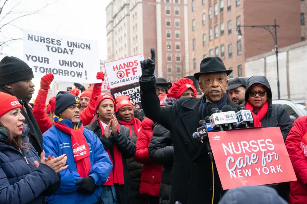 Rev. Al Sharpton rallies with nurses for fair wages at Mt. Sinai in NYC