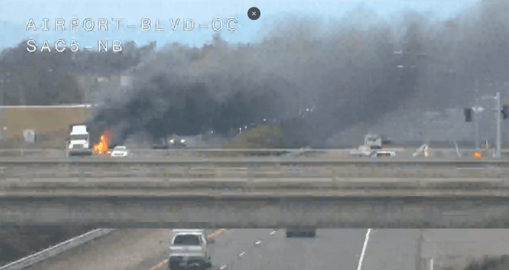 Big rig fire snarls traffic on Interstate 5 near Sacramento International Airport