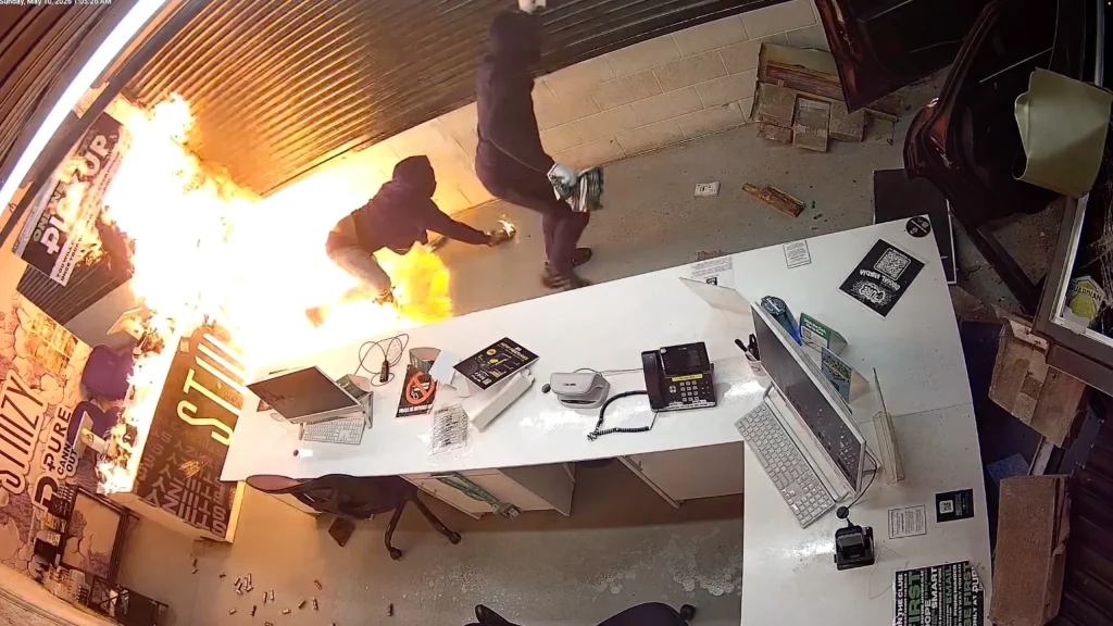 Wild video shows burglar engulfed in flames while trying to torch cannabis dispensary