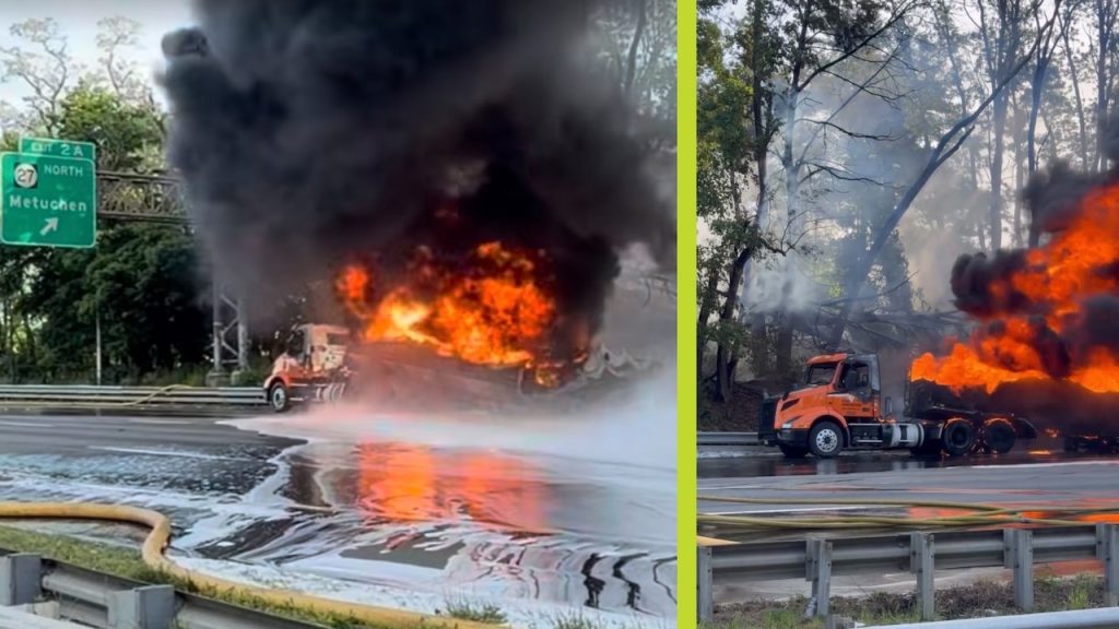Massive gas tanker fire shuts down I-287