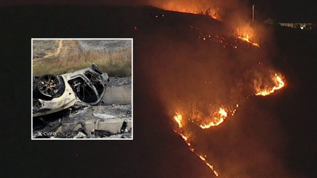 Tesla rollover crash sparks Chino Hills brush fire