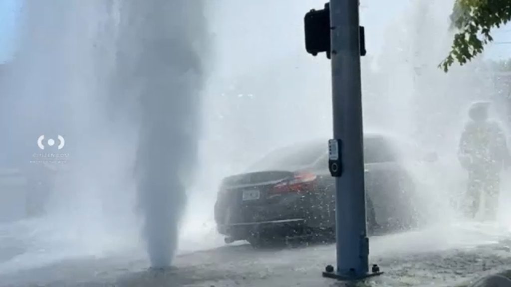 Car crash triggers towering geyser in Winnetka