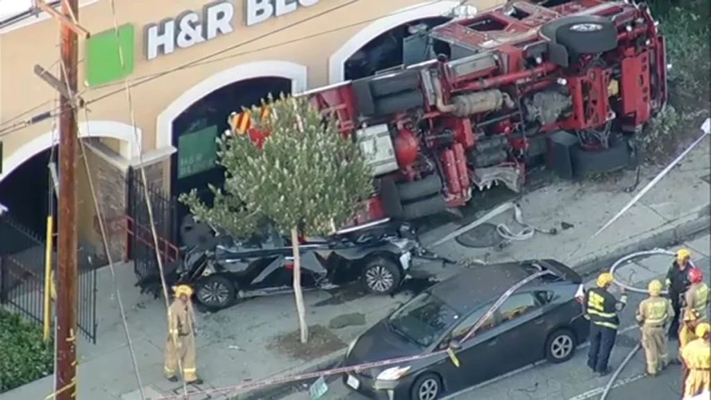 Overturned LAFD Truck in Sunland Crashes onto Car, Injures Two Firefighters